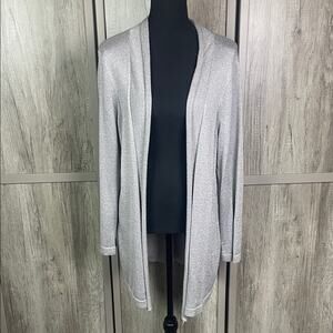 Chico's Open Front Long Cardigan Shimmering Silver Metallic Cardigan Women's 2